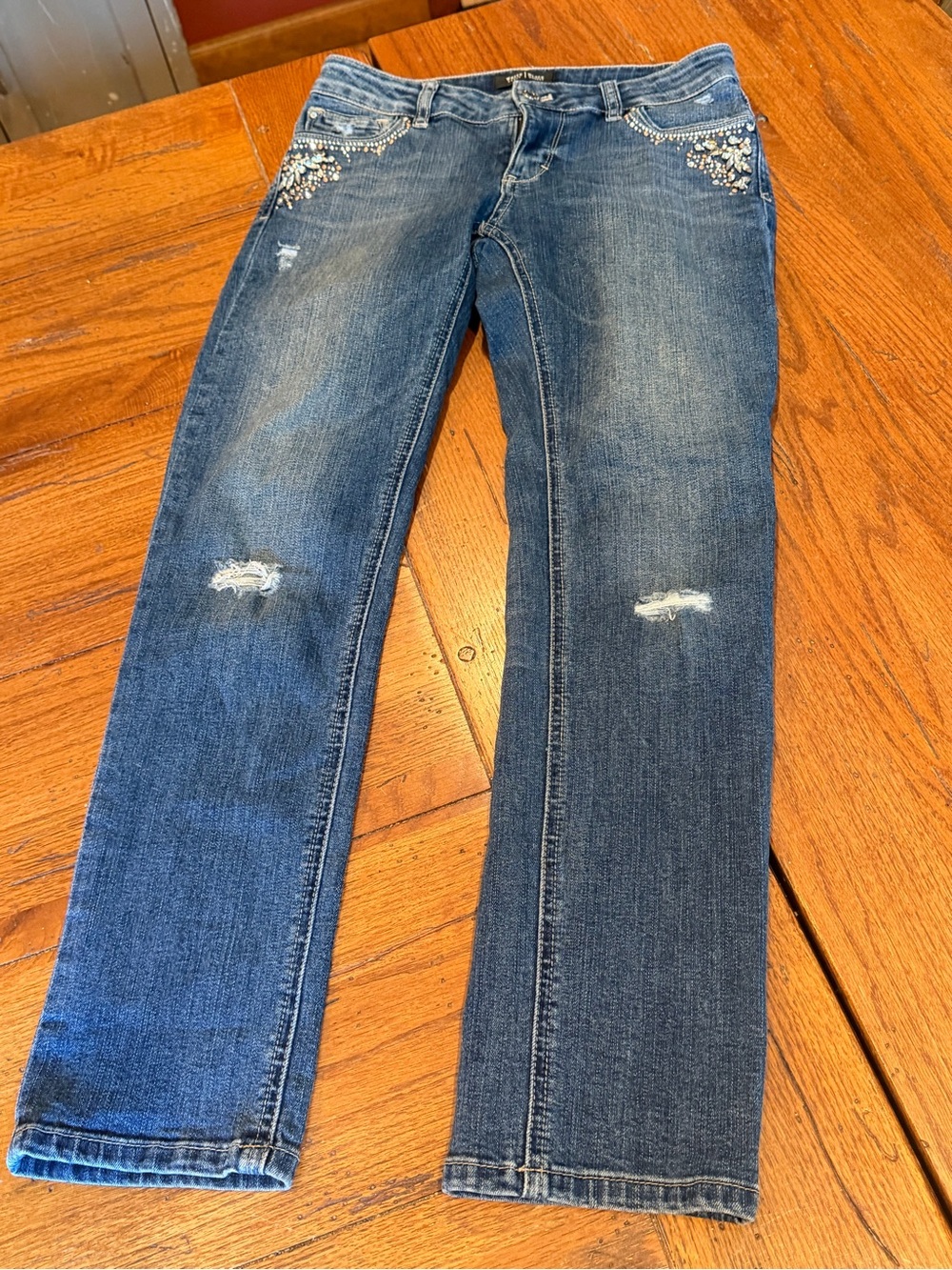 White House Black Market Blue Embellished Distressed Jeans